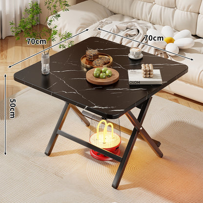 Faltbarer quadratischer Kaffee- und Beistelltisch mit Marmor-Effekt-Top und zusammenklappbarem X-Beinrahmen