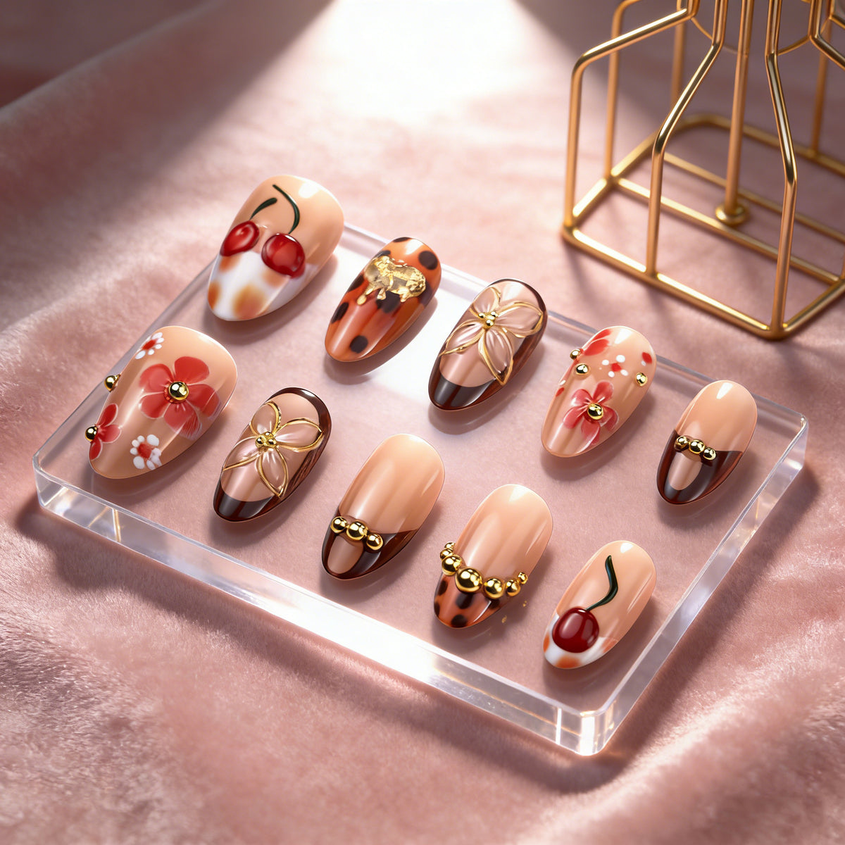 Blumen- und Schmuckbedeckte Press-On Nagelkunst Brehn