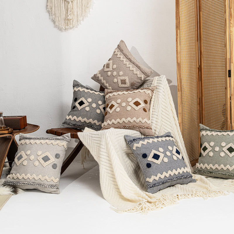 Texturiertes Boho geometrisches tufted Kissen mit geflochtenem Rand und abnehmbarem Reißverschlussbezug