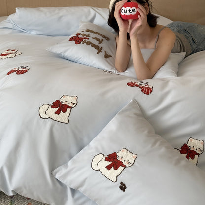 Baumwollsatin-Bettbezug-Set mit Chenille-Katzenapplikationen und feiner Satinqualität