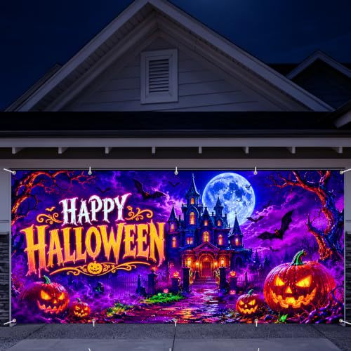 Großformatiger Halloween-Fotohintergrund aus wetterfestem Polyester mit geöstem Befestigungsrand und leuchtendem Haunted-House-Motiv