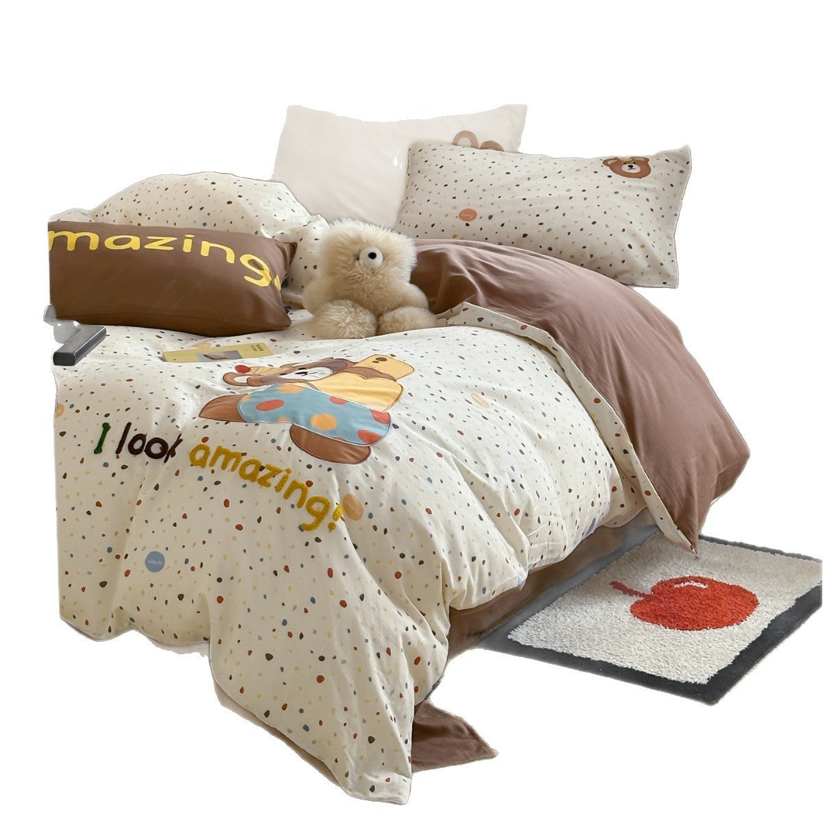 Kinder Baumwoll-Satin Bettwäsche Set mit gesticktem Bärenapplikation und Mikro-Herz-Print