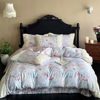 Elegantes Satin-Bettwäscheset mit Aquarell-Blumenmuster, Volant und gerafften Kissenbezügen