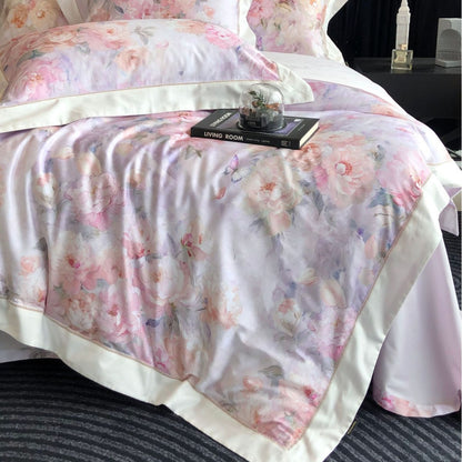 Aquarell-Paeonien-Satin-Bettbezug-Set mit Kante und passenden Kissenbezügen