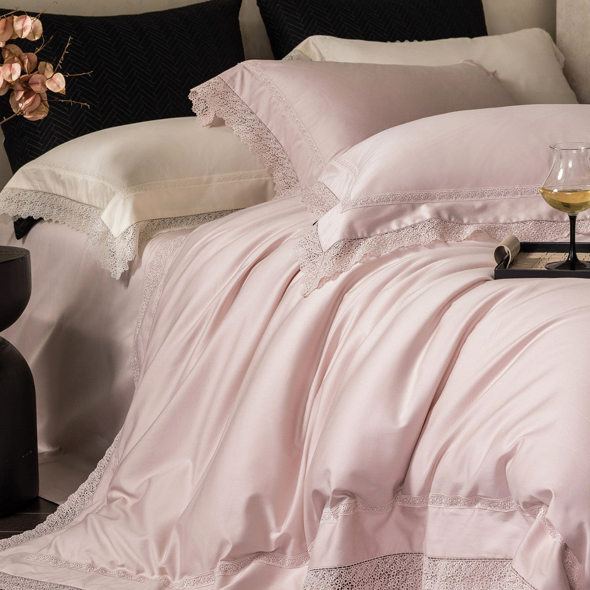 Spitzenbesetzte Luxus-Baumwoll-Satin Bettbezug Set