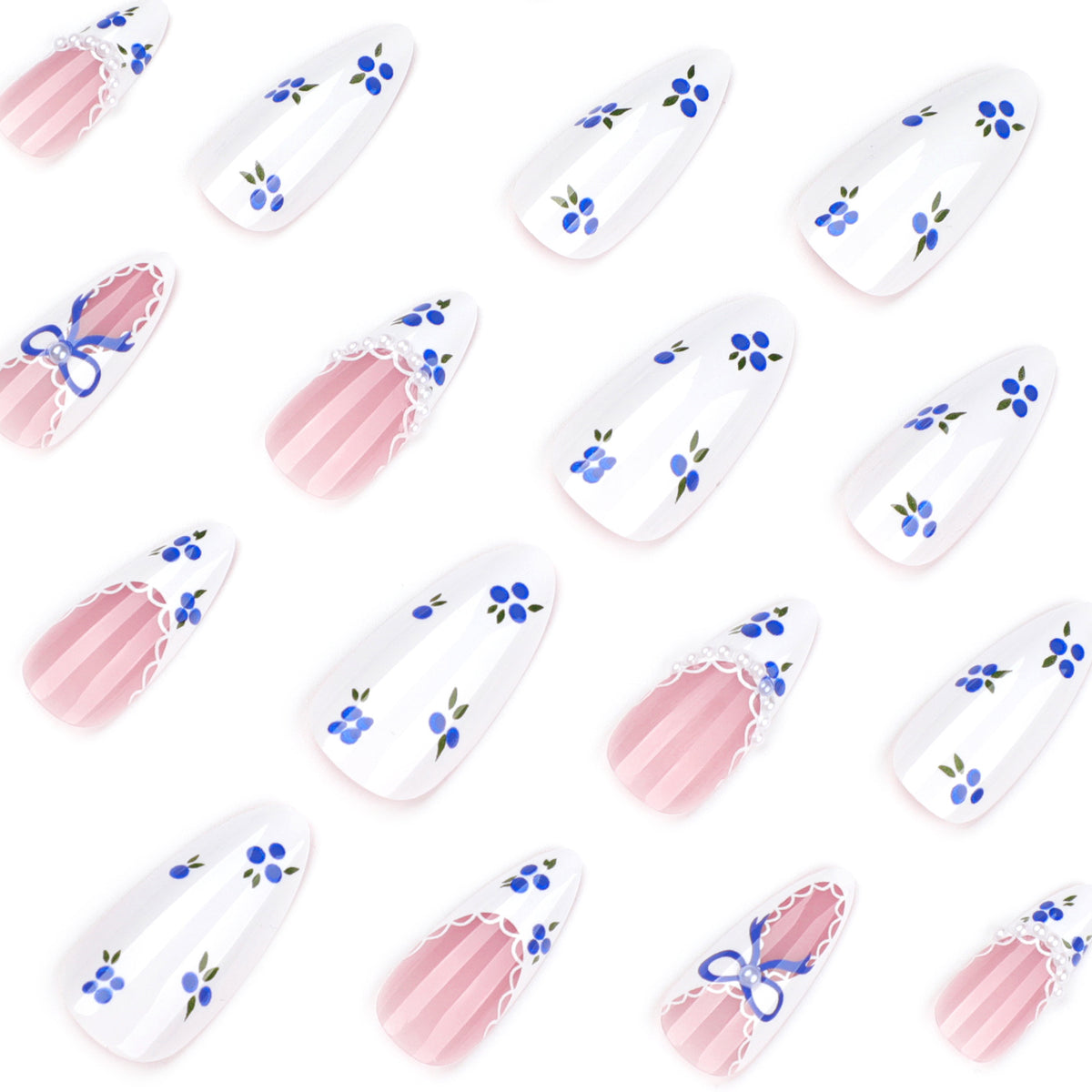 Kunstvolle Nagelkunst mit floralen Akzenten und Schleifenverzierung Brehn