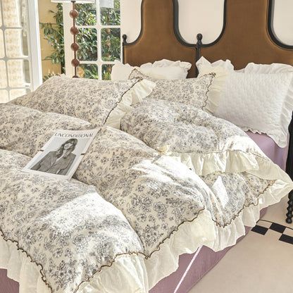 Vintage Floral Ruffled Bettbezug Set mit Swiss-Dot Rüsche