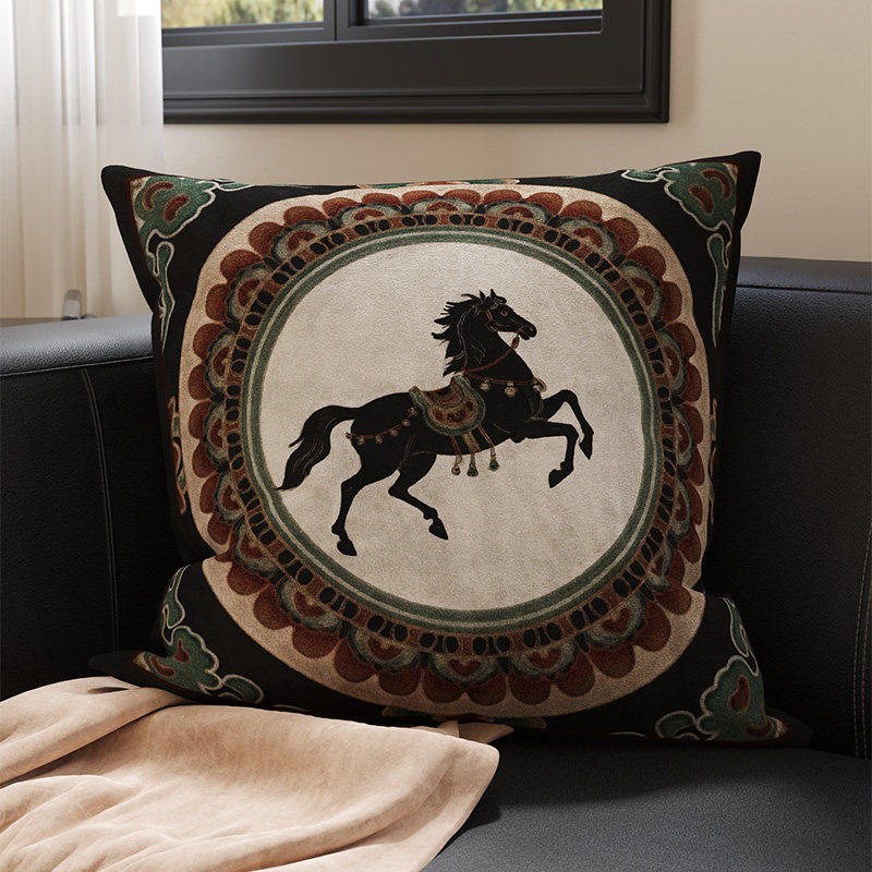 Embroidered Medallion Horse Velvet-Texture Decorative Throw Pillow Cover with Hidden Zipper