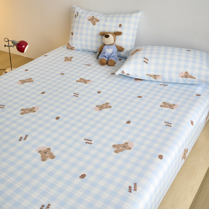 Spannbettlaken- und Kissenbezug-Set für Kinder aus weichem Baumwoll-Jersey mit Karomuster und Teddy-Print