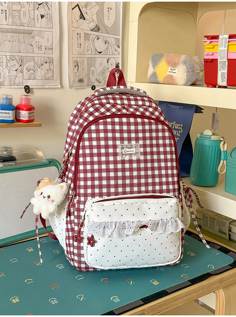 Niedlicher kariert gemusterter Mehrfach-Taschen-Schulrucksack