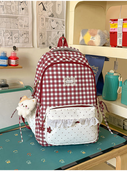 Niedlicher kariert gemusterter Mehrfach-Taschen-Schulrucksack