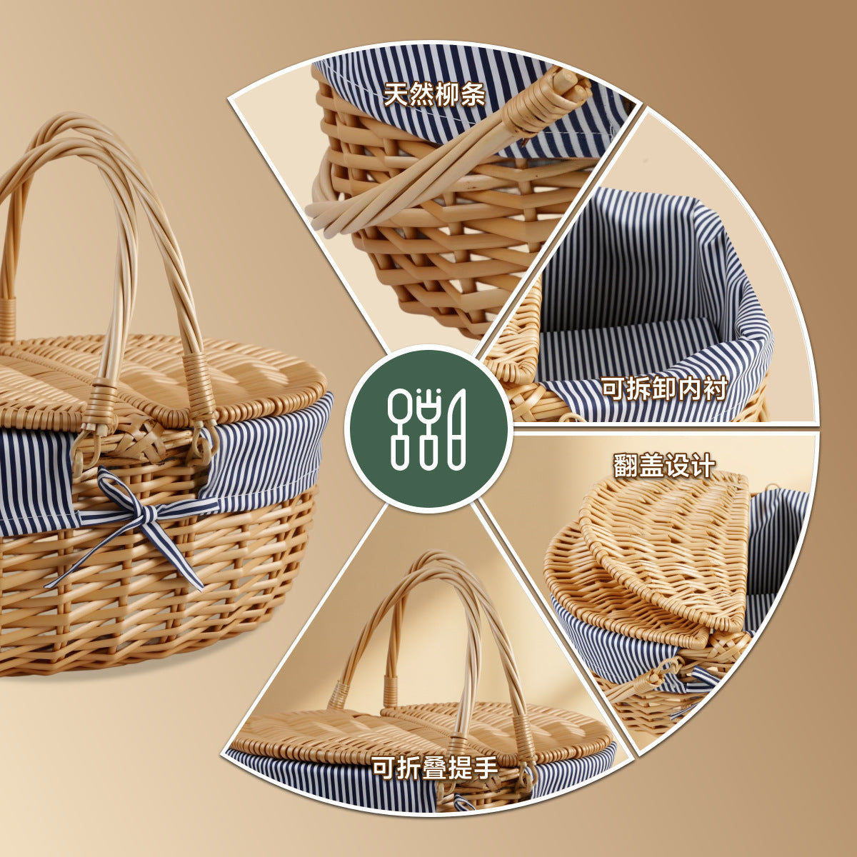 Damen geflochtener Picknickkorb mit romantischem Gingham-Futter Brehn