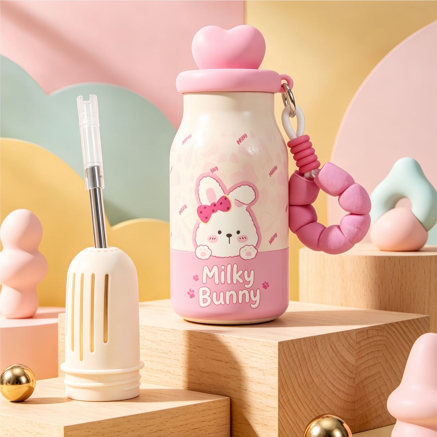 Damen Isolierflasche mit praktischem Tragegriff und verspieltem Hasenmotiv Brehn