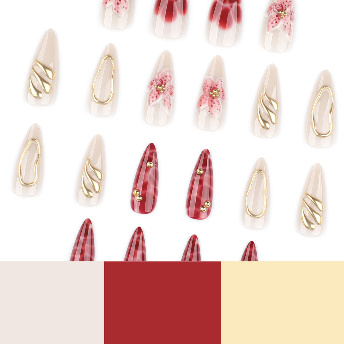 Kunstvolle Stiletto-Nägel mit eleganten Blumendesigns und Glitzerakzenten Brehn