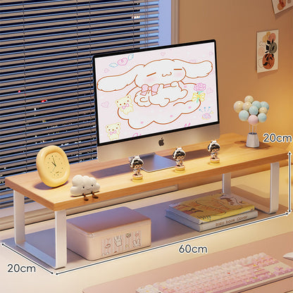Erhöhter Monitorständer mit Holz-Optik-Oberfläche, Metallrahmen und Unterregal-Stauraum