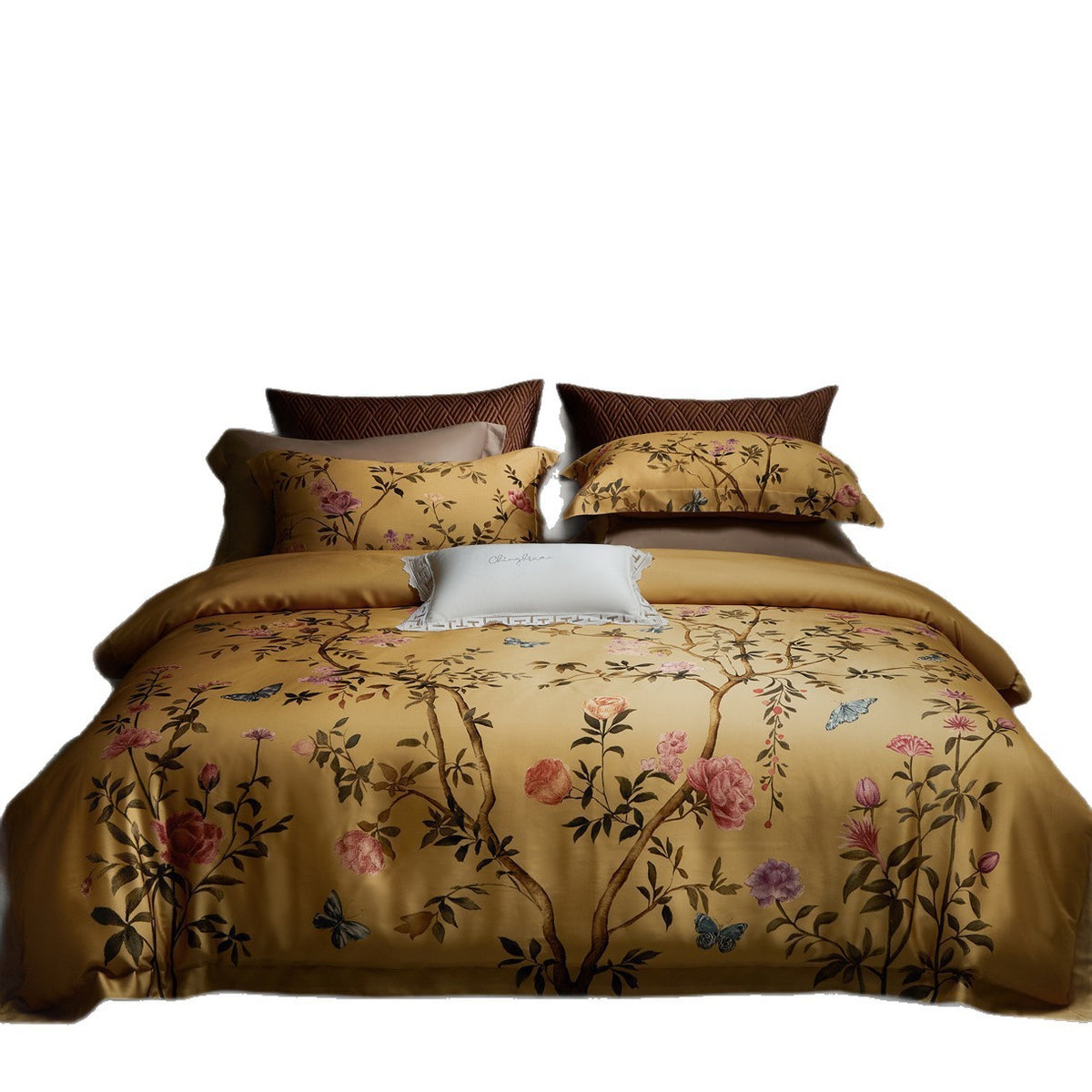 Blumen-Aquarell Satin-Feel Wendebettbezug Set mit botanischem Druck & Paspel-Kissenbezügen