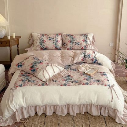 Floral Aquarell Baumwolle Sateen Rüsch Bettbezug Set mit Bindekissenbezügen