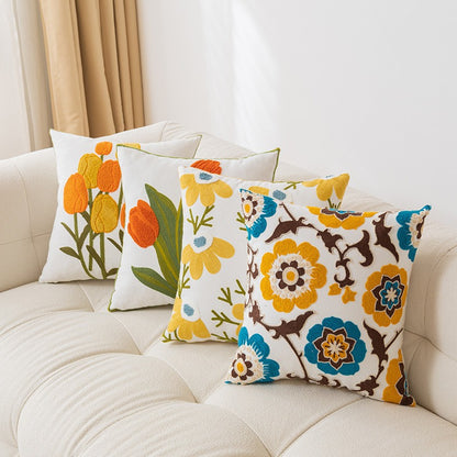 Bestickter Floral Baumwoll-Leinen Quadrat Kissenbezug mit verstecktem Reißverschluss und strukturiertem Appliqué
