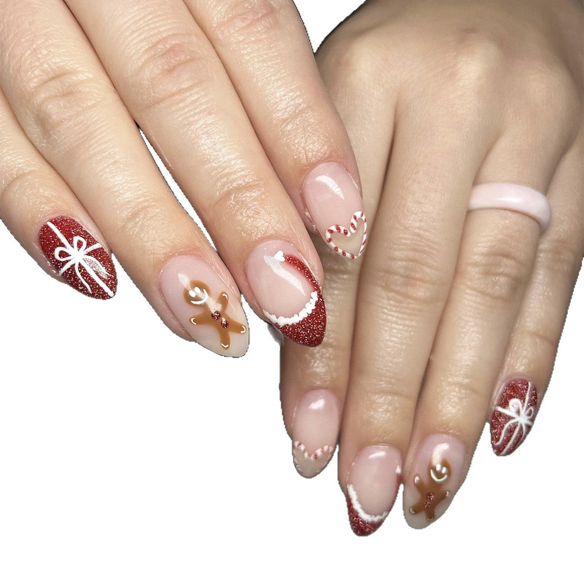 Kunstnagelset mit festlichem Zuckerstangen- und Lebkuchenmuster Brehn