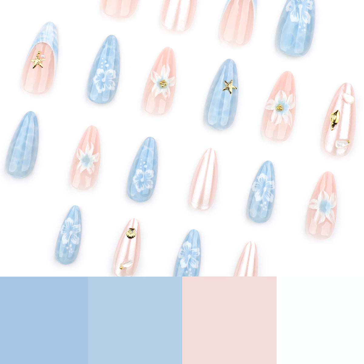 Kunstvolle Nagelverlängerungen mit zarten floralen Designs und Glitzerakzenten Brehn