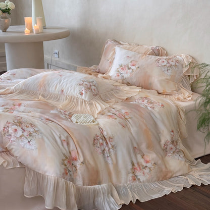 Blumen Rüsch Satin Bettbezug Set