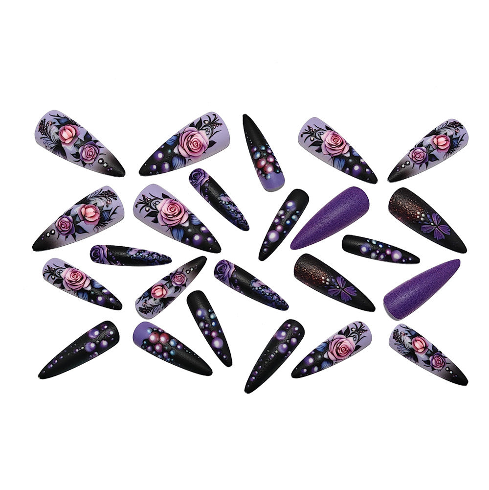 Elegante Kunstnägel mit erhabenem Blumen- und Perlen-Design Brehn