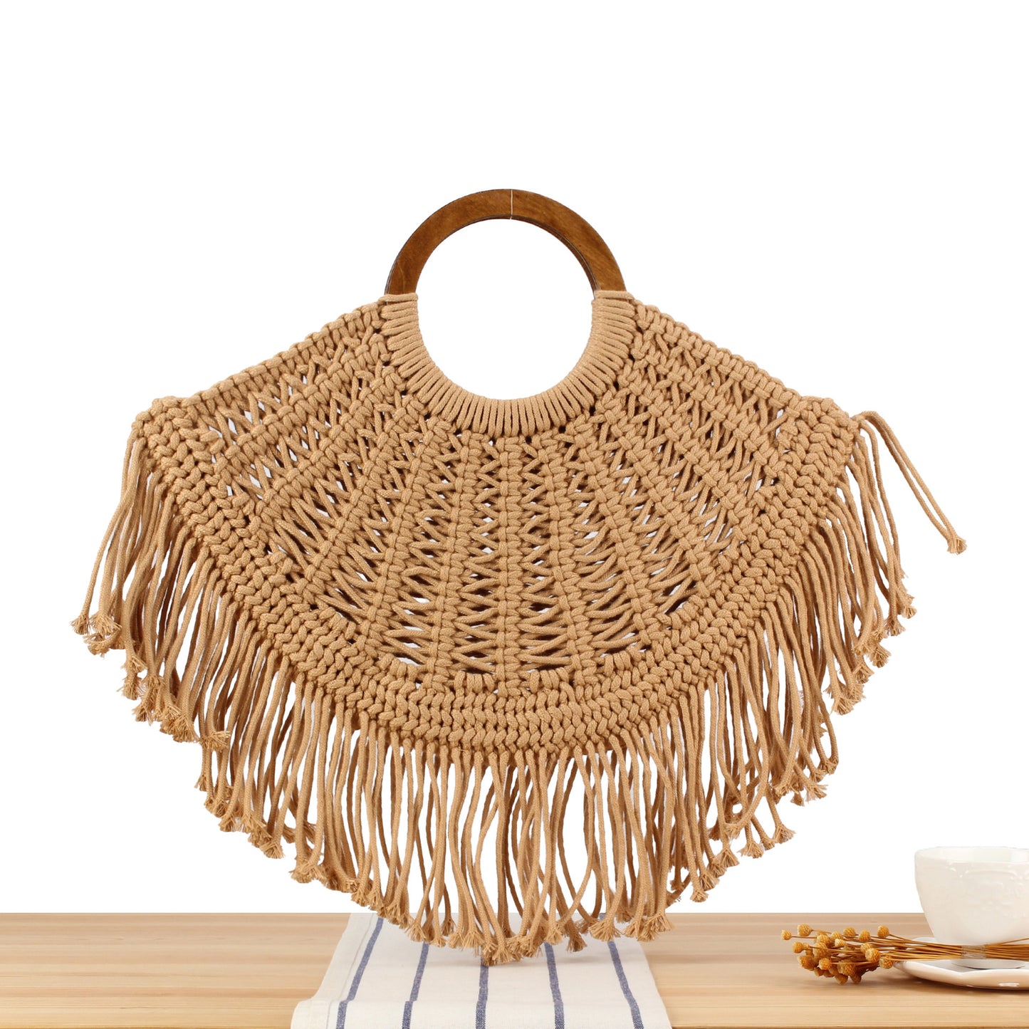 Makramee Handtasche mit Holzgriffen Brehn