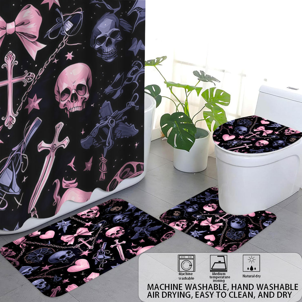 Künstlerisches Skull- und Blumenmotiv Badezimmer-Set Brehn