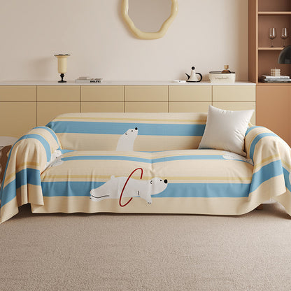 Stretch-Fit Checkerboard Sofa Slipcover with Cute Cat Illustration