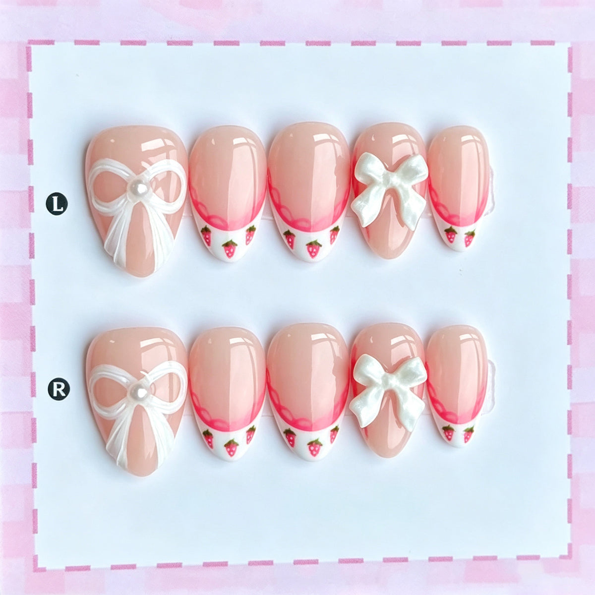 Dekorativer Bow- und Erdbeer-Themen Press-On Nagelkunst Set Brehn