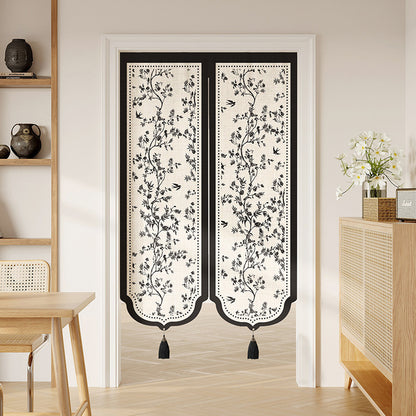Decorative Split Noren Door Curtain Panel with Floral Jacquard and Tassel Weights