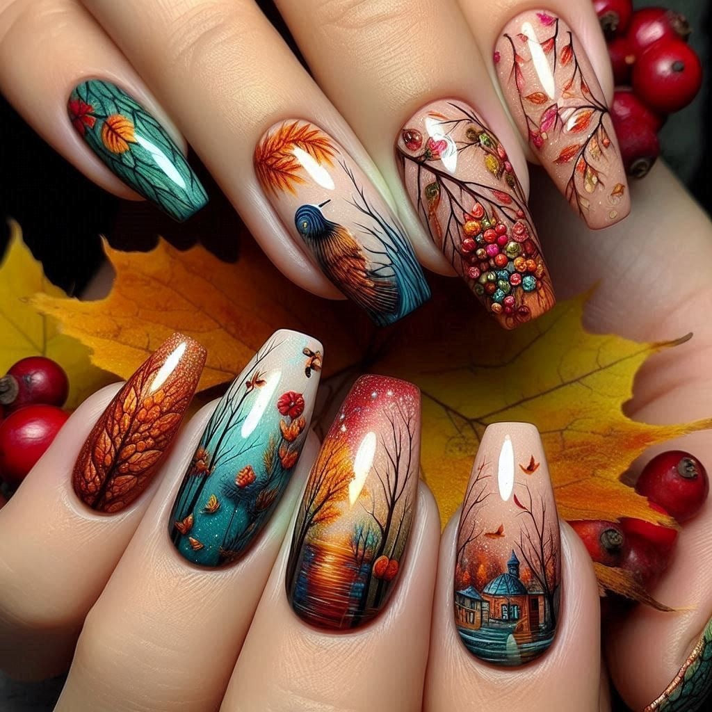 Kreative Kunstnägel mit floralen und künstlerischen Mustern Brehn