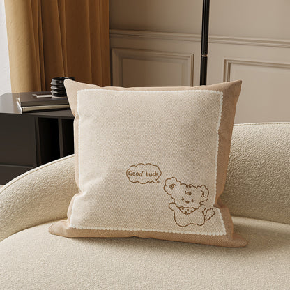 Square Textured Bouclé Throw Pillow Cover with Embroidered Teddy Motif