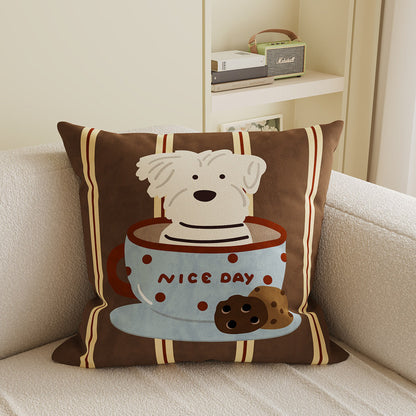 Plush Velvet Decorative Square Throw Pillow Cover with Cartoon Dog Family Illustration and Hidden Zipper