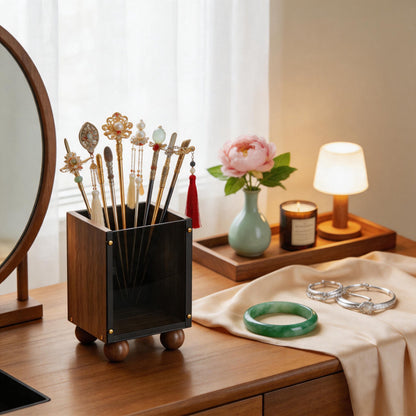 Rauch-acryl und Walnuss Desktop Makeup Pinsel Organizer mit runden Holzfüßen