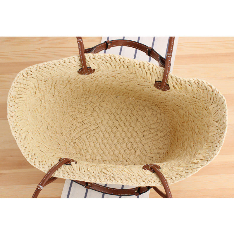 Strandtasche Aus Handgearbeitetem Naturmaterial mit Robustem Ledergriff Brehn