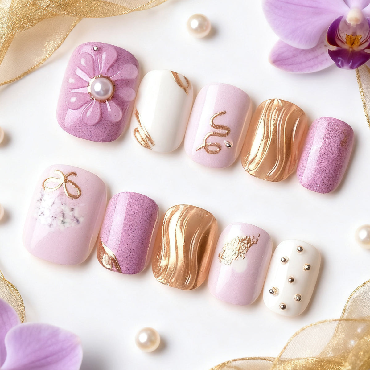 Floral und Perlen Dekorative Press-On Nagelkunst Set Brehn
