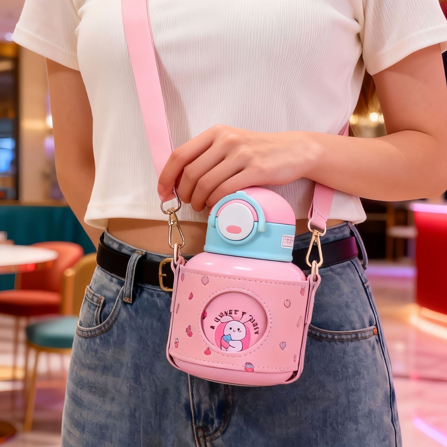 Damen Isolierte Trinkflasche mit fröhlichem Design und praktischem Tragriemen Brehn