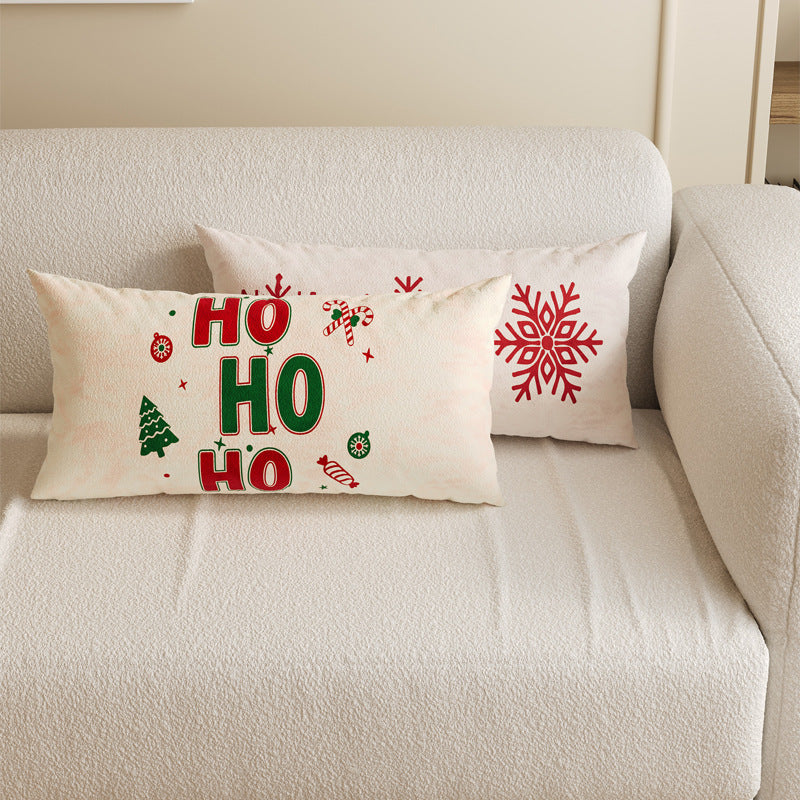 Rectangular Festive Lumbar Pillow Cover with Merry Christmas Typographic Print and Reindeer Antler Accent