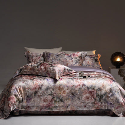 Florales Satin-Effekt Luxus Bettbezug-Set mit wendbarem Seiden-ähnlichem Finish und Oxford-Kissenbezügen