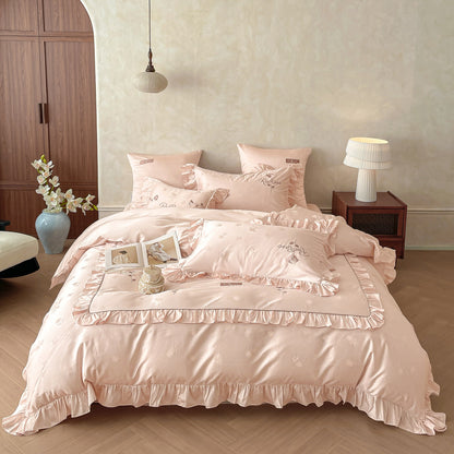 Romantisches Satin-Bettwäsche-Set mit Volants, feiner Blumenstickerei und Wendekissen