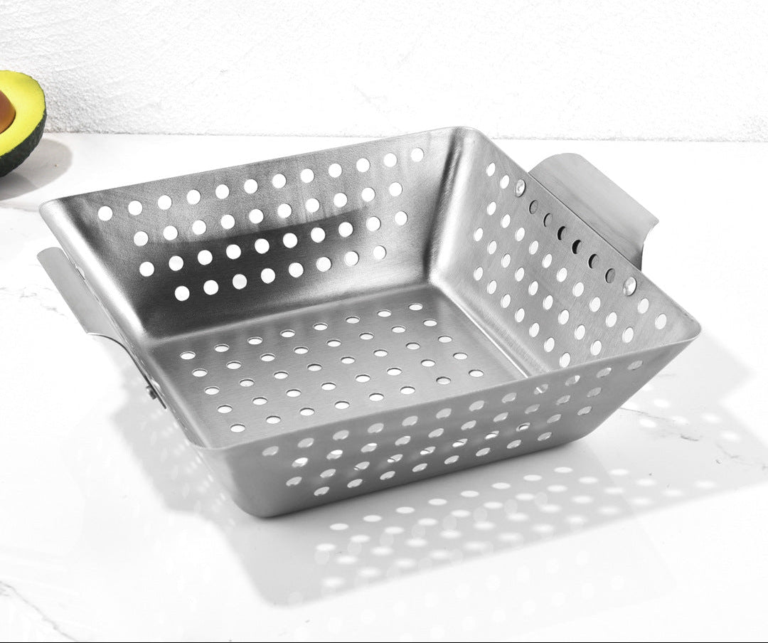 Quadratischer Perforierter Edelstahl-Grillkorb Für Gemüse und Meeresfrüchte mit Klappbaren Auflagegriffen Brehn