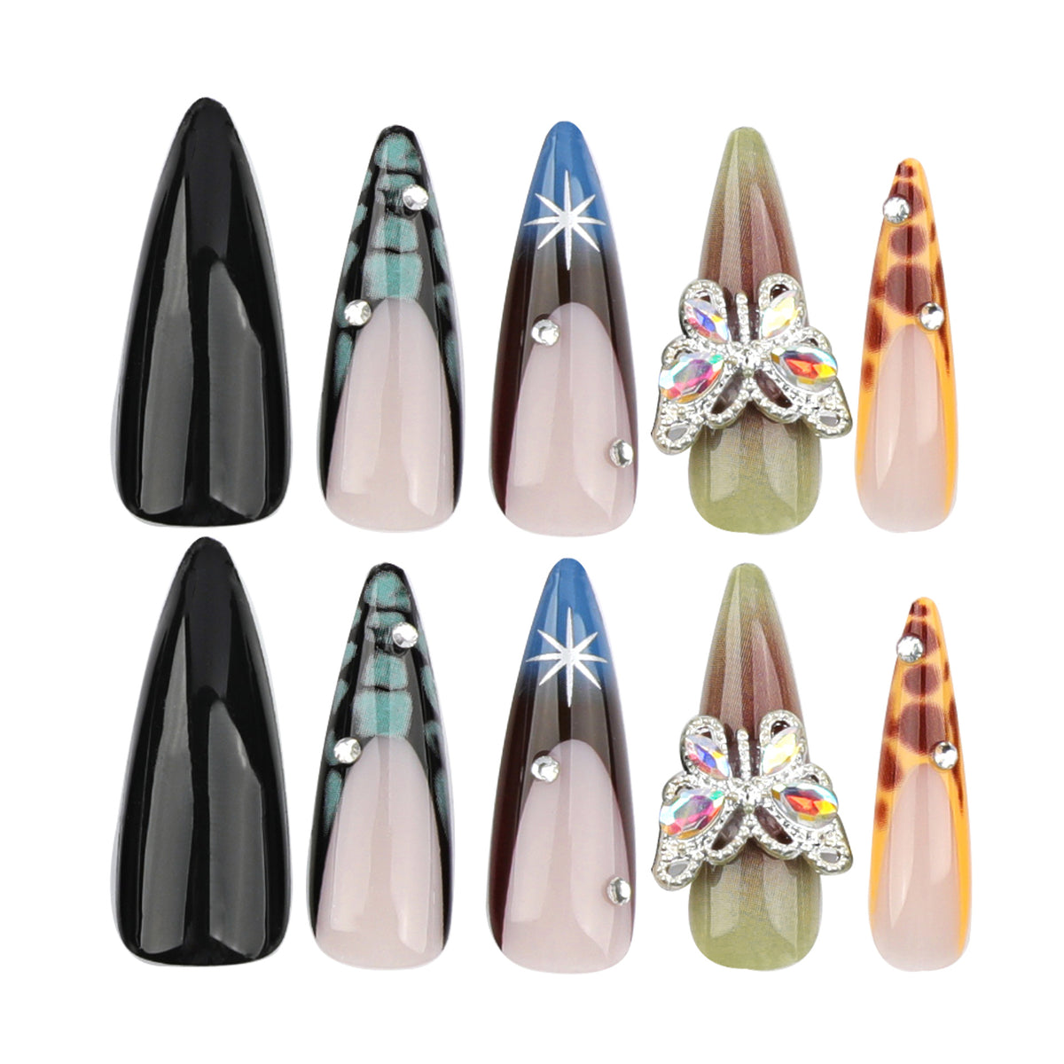 Kunstvolle Nagelverlängerungen mit eleganten Designs und Glitzer Brehn