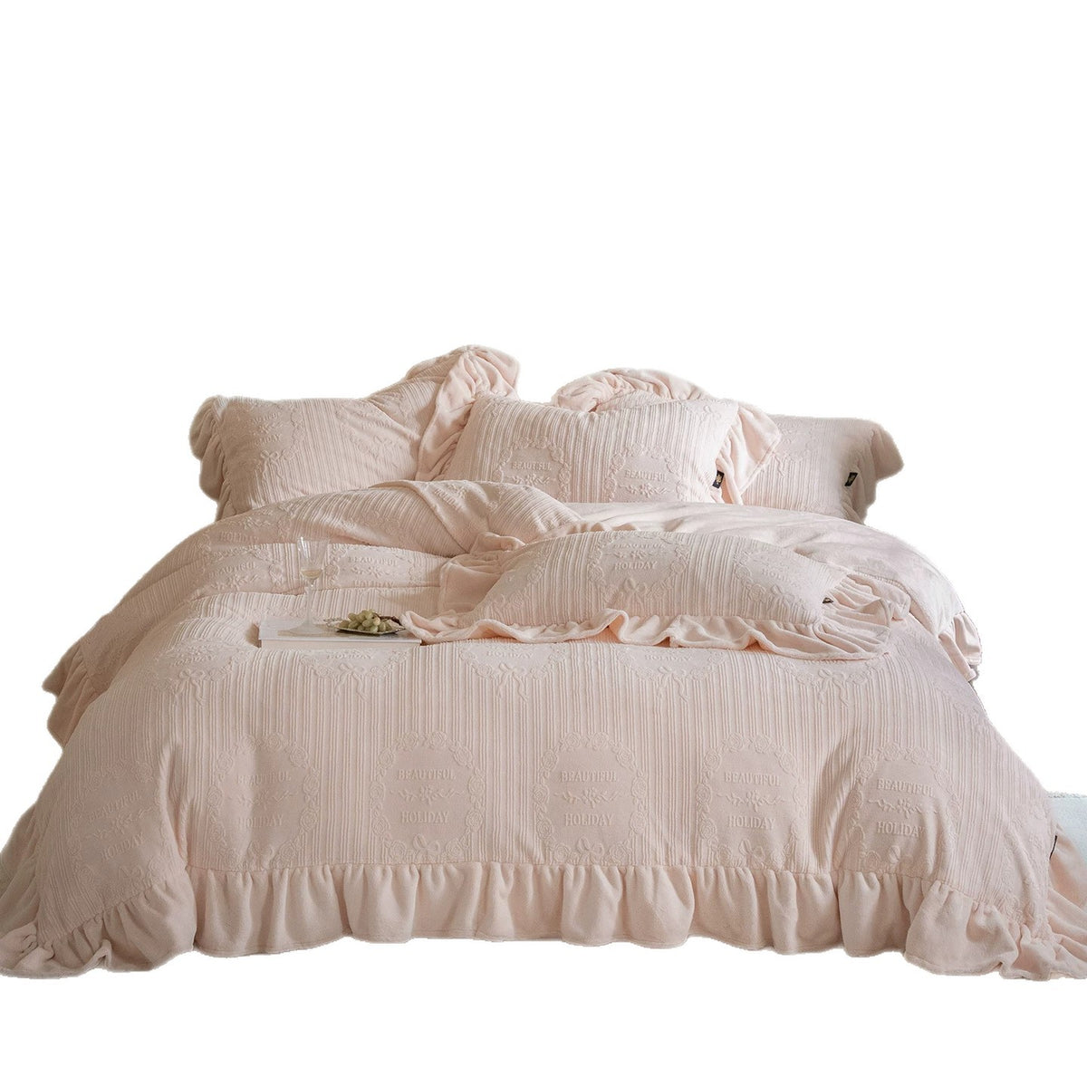 Weicher Crinkle Jacquard Baumwoll-Leinen-Mischung Rüschende Bettbezug Set