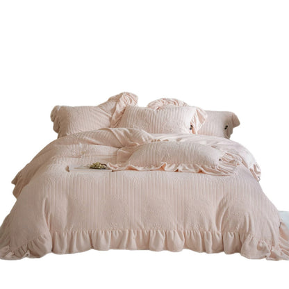 Weicher Crinkle Jacquard Baumwoll-Leinen-Mischung Rüschende Bettbezug Set