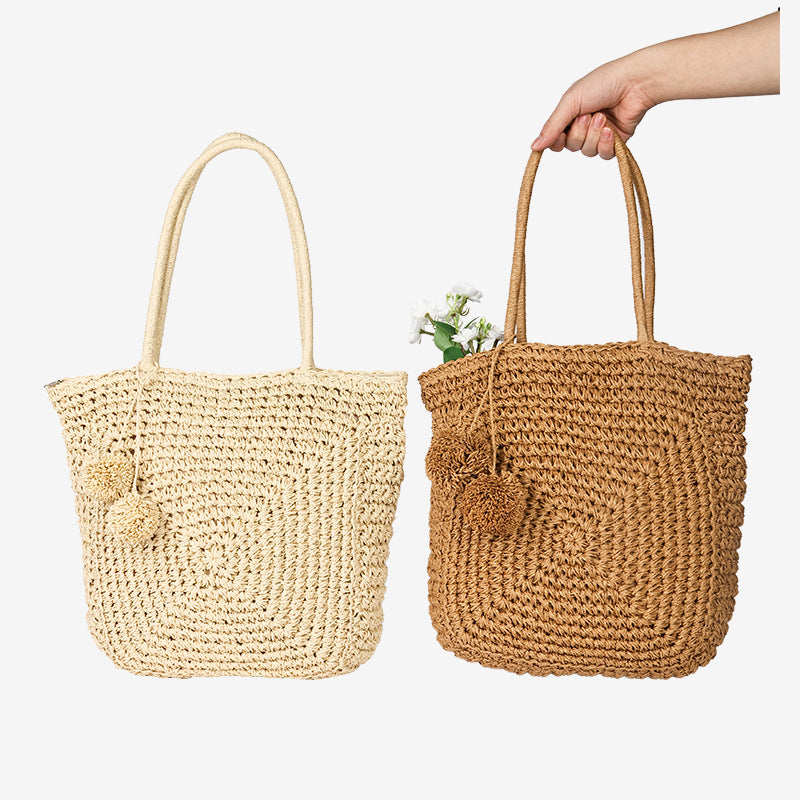 Damen Handgefertigte Basttasche mit verspieltem Pompon-Detail Brehn