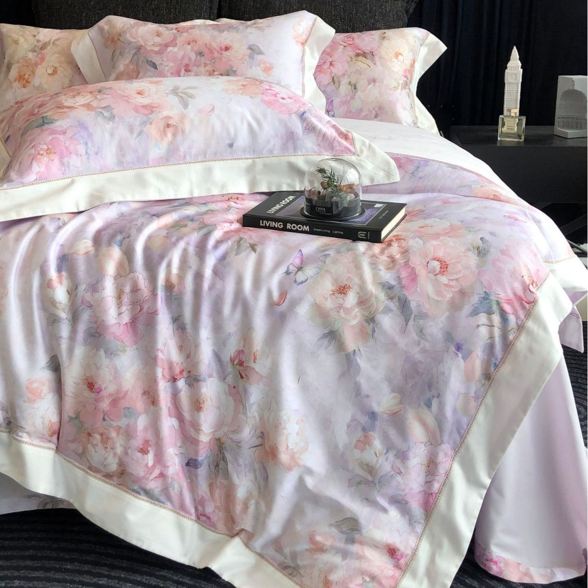 Aquarell-Paeonien-Satin-Bettbezug-Set mit Kante und passenden Kissenbezügen