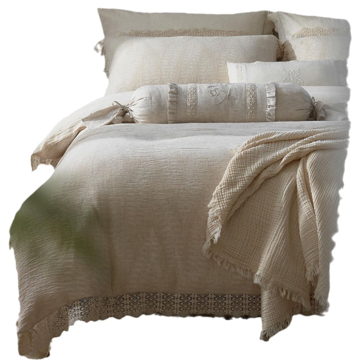 Gewaschenes Flachs-Leinen Bettbezugset mit Häkelspitze und besticktem Bolster