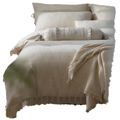 Gewaschenes Flachs-Leinen Bettbezugset mit Häkelspitze und besticktem Bolster