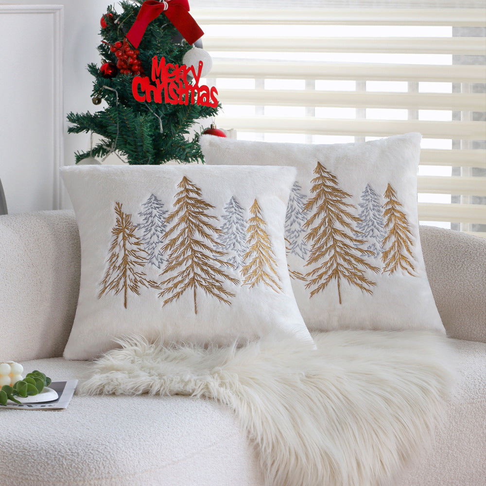 Quadratischer Zierkissenbezug aus Kunstfell mit gesticktem Tannenbaum‑Motiv Brehn